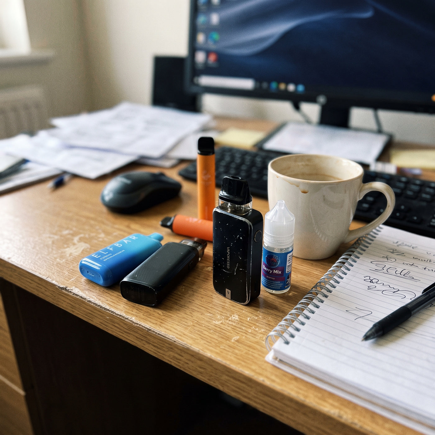 Patches, gum, lozenges and a vape laid out together — all of them still nicotine