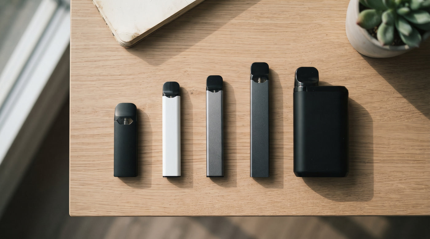 Five nicotine devices in a row, from a small refillable pod up to the largest disposable