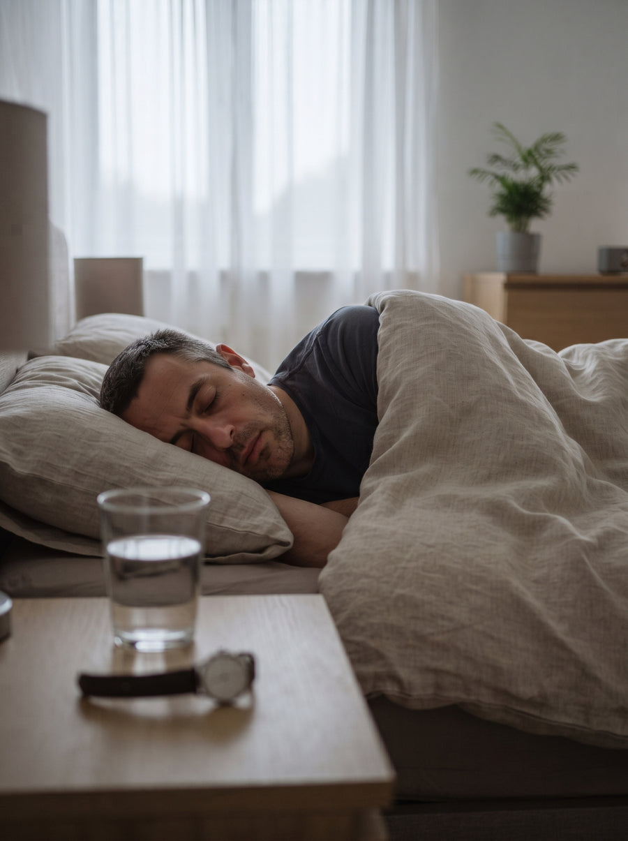 A man asleep in morning light beside an empty bedside table — no device, no cable