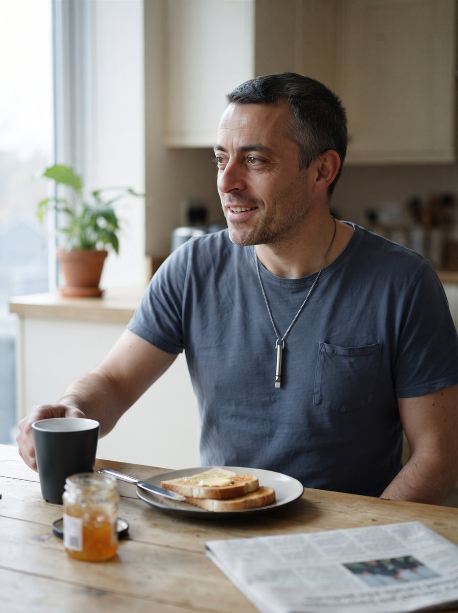 The same man at breakfast reaching for coffee, the Resistance Necklace at his collarbone