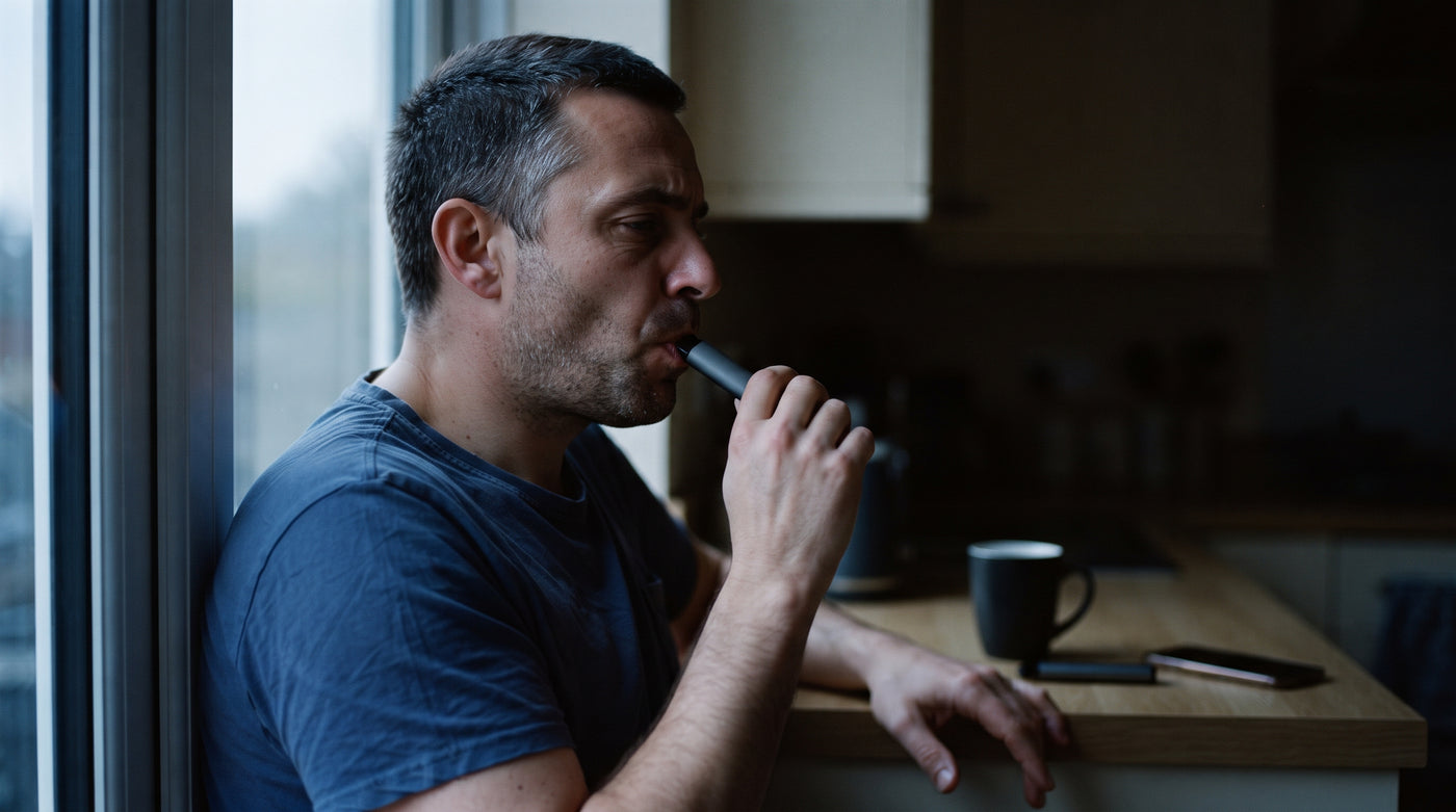 A man taking a hard draw on a disposable vape at his kitchen window in the grey light before sunrise