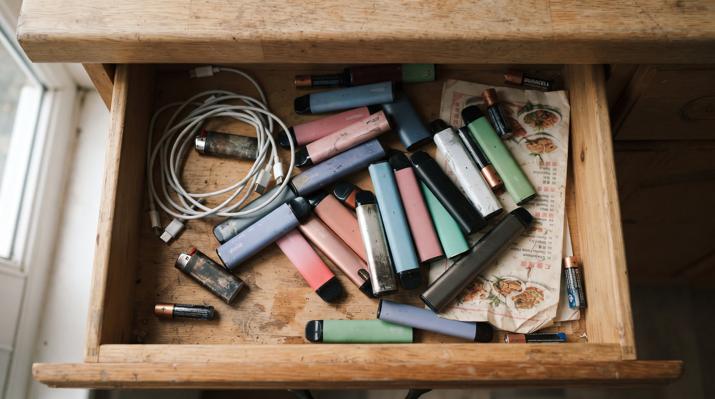 An open kitchen drawer full of spent disposable vapes and tangled charging cables