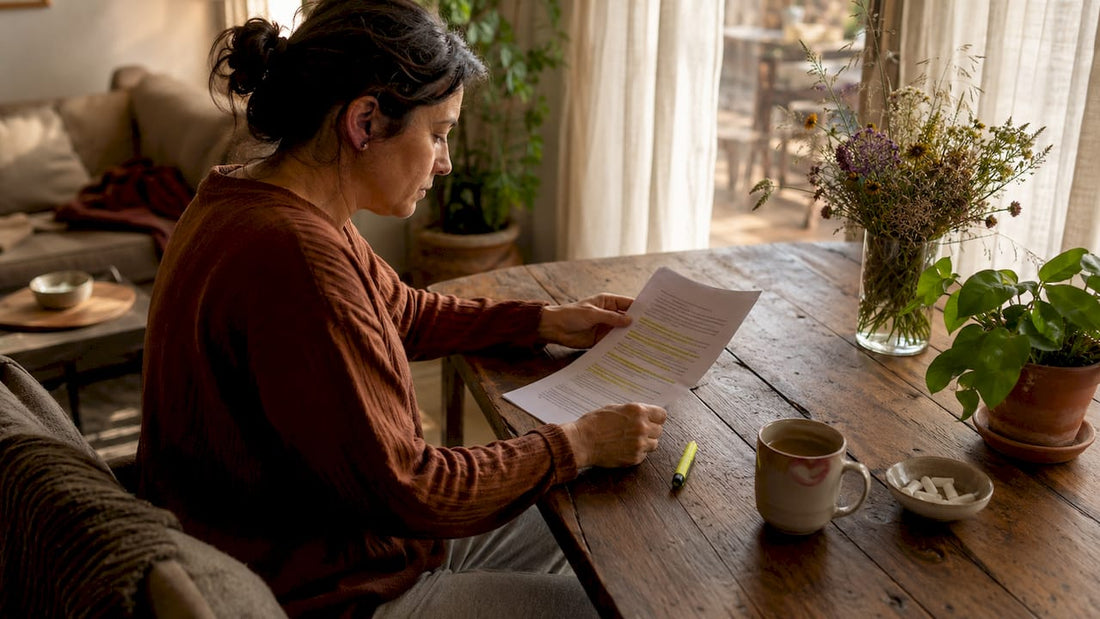 Woman reviewing quit smoking plan at home kitchen