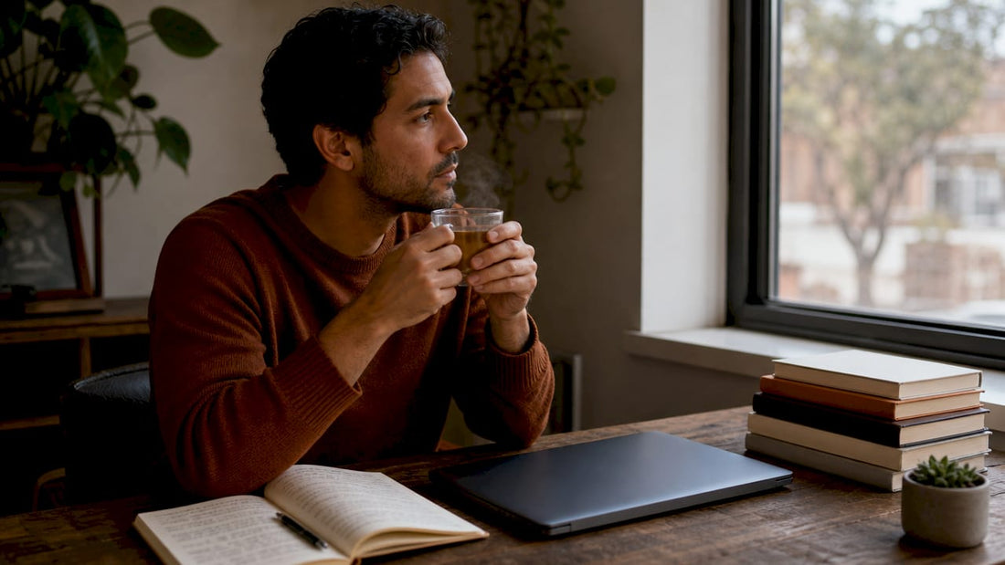 Man reflecting on nicotine withdrawal at home table