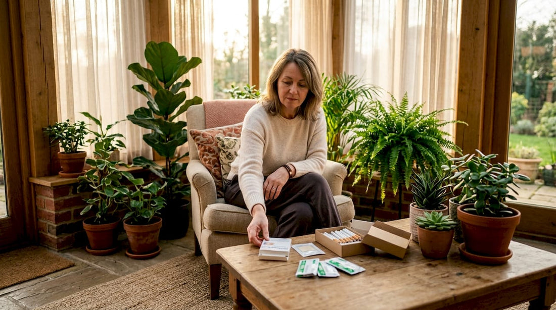 Woman exploring cigarette substitutes at home