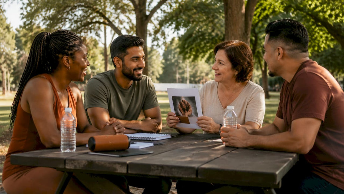 Diverse group engaged in peer support conversation
