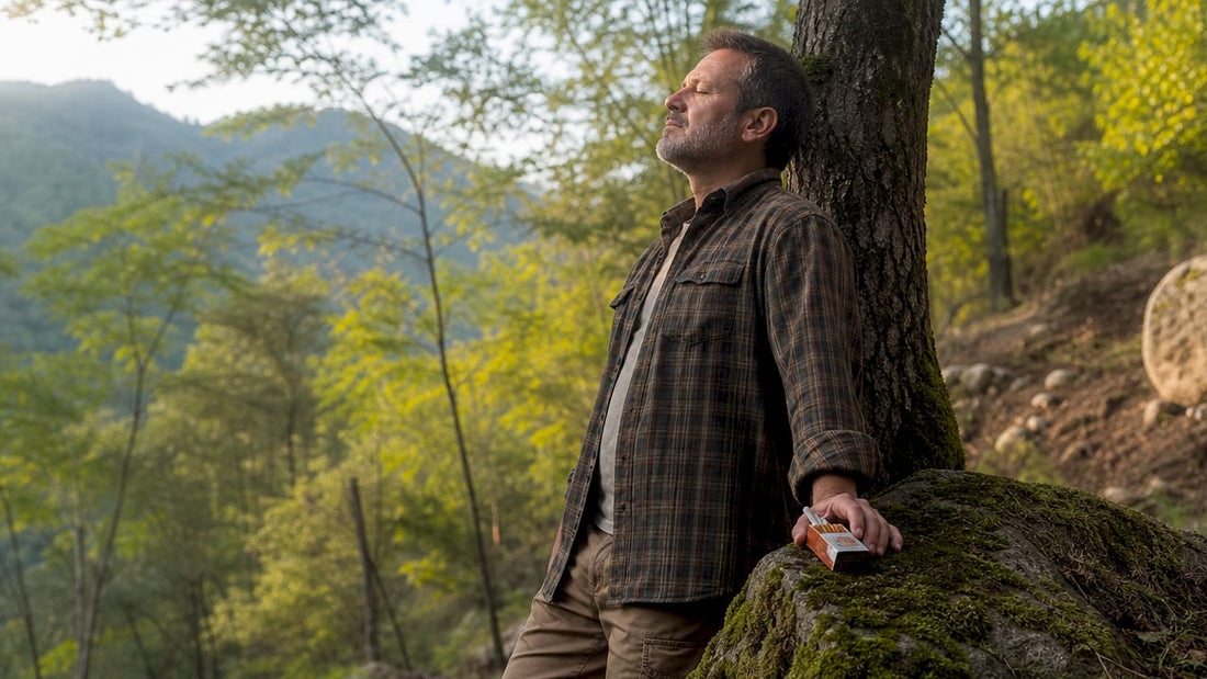 Man reflecting on quitting smoking outdoors