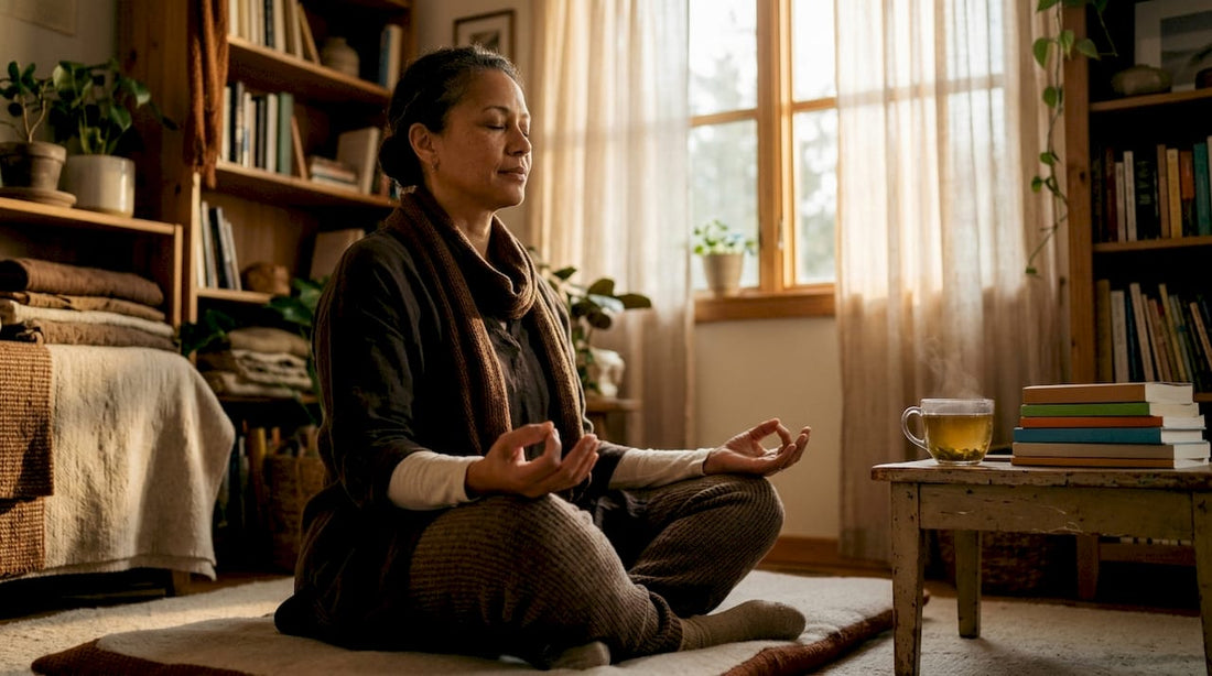 Woman meditating peacefully at home