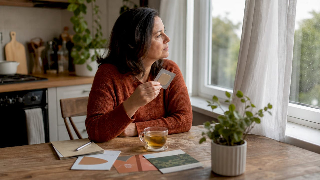 Woman contemplating nicotine patch at kitchen table
