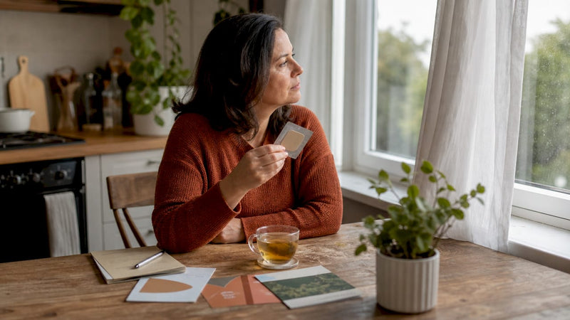 Woman contemplating nicotine patch at kitchen table