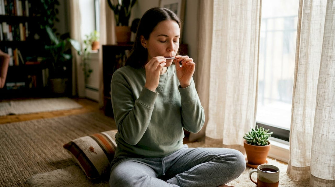 Woman practicing breathing with necklace indoors
