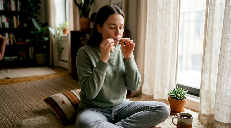 Woman practicing breathing with necklace indoors