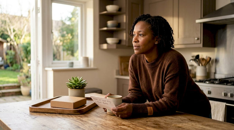 Woman holding quit date note at kitchen table