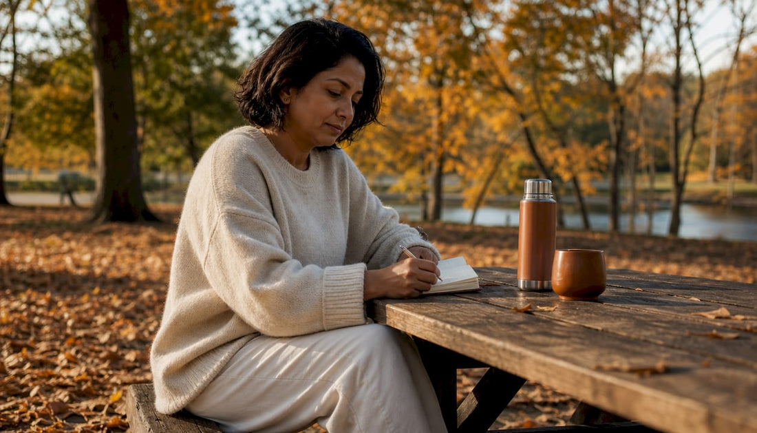 Woman reflecting on coping strategies in park