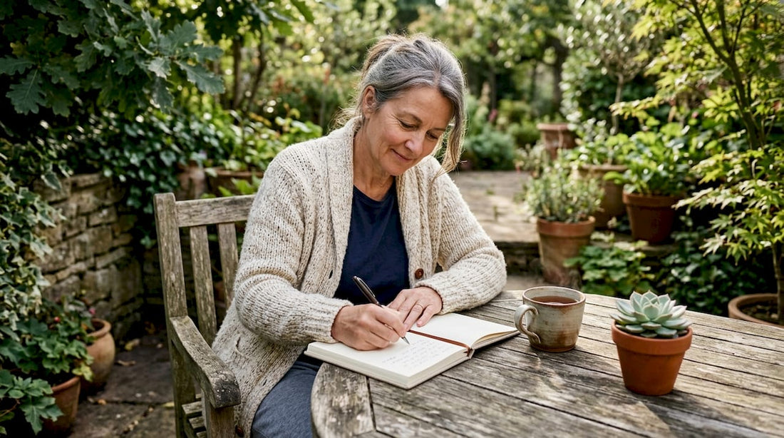 Woman journaling to quit smoking in sunlit kitchen