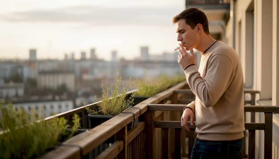 Smoker performing hand-to-mouth action indoors