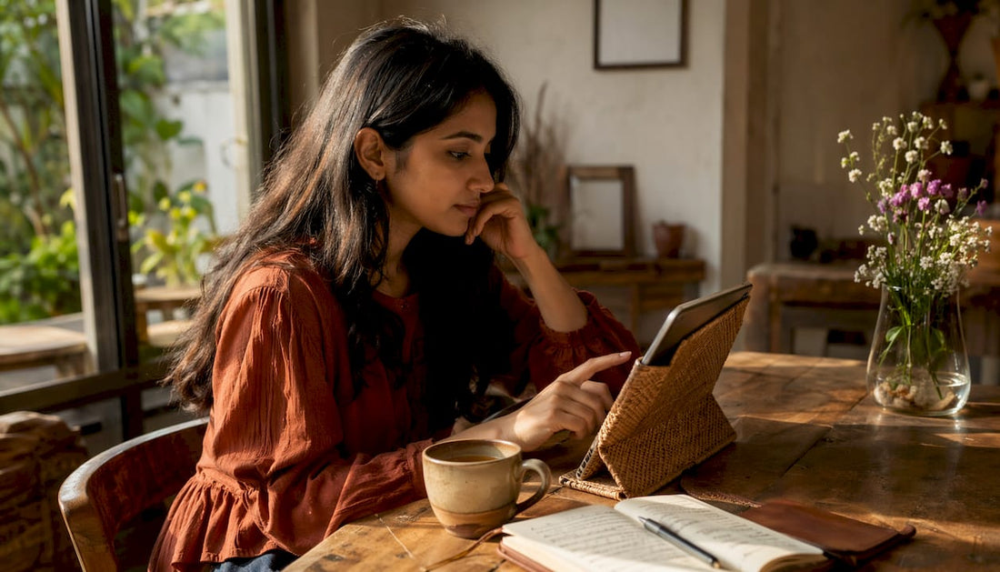 Woman browsing social media apps on tablet at desk