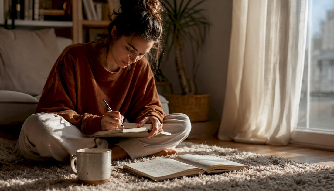 Woman journaling quitting goals at home table