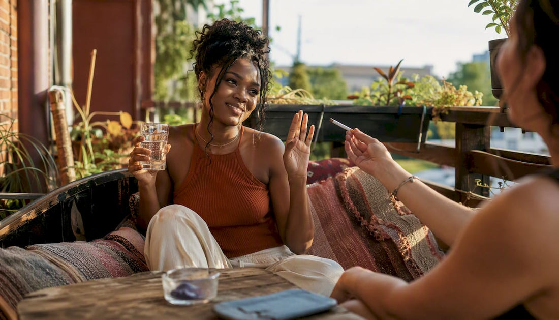 Woman politely refusing cigarette offer outdoors