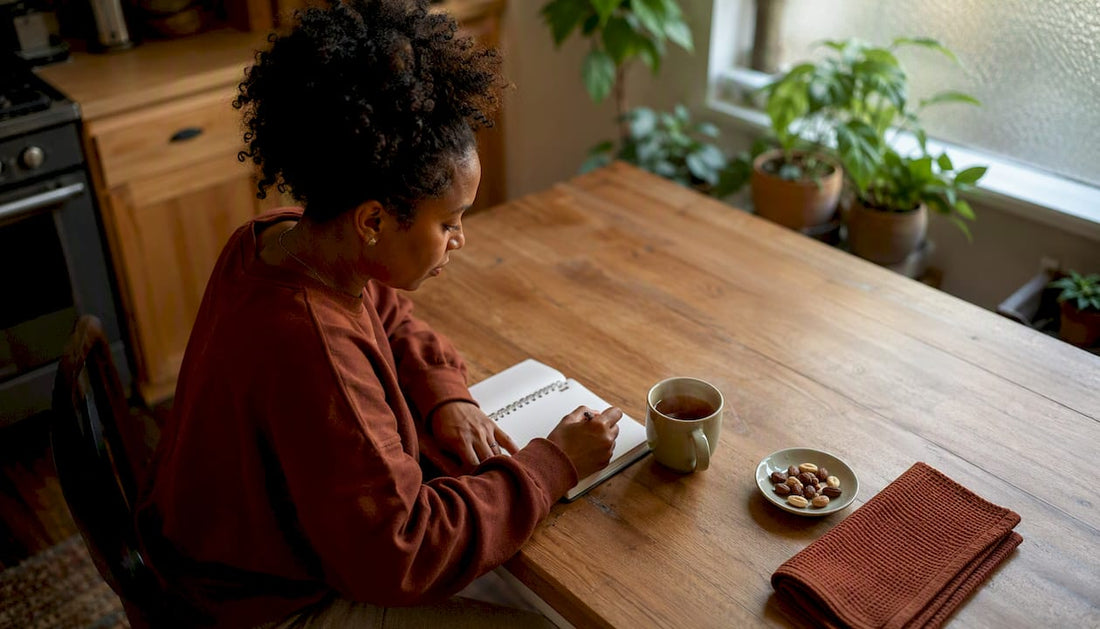 Woman filling out smoking trigger log at kitchen table