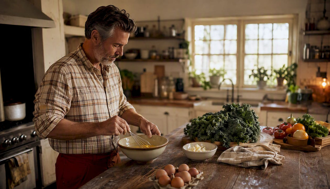 Man cooking protein-rich breakfast in home kitchen