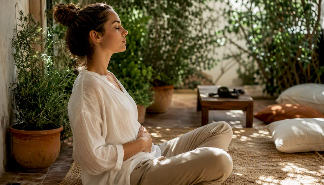 Person practicing deep breathing calmly indoors