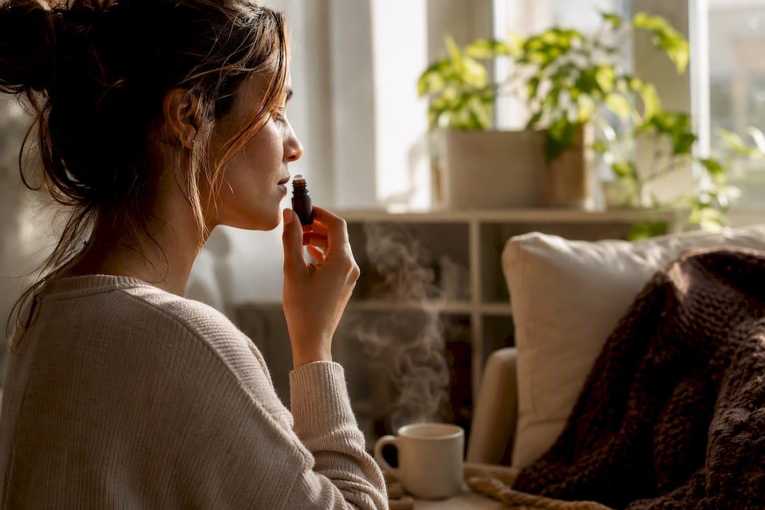 Person using aromatherapy inhaler close-up