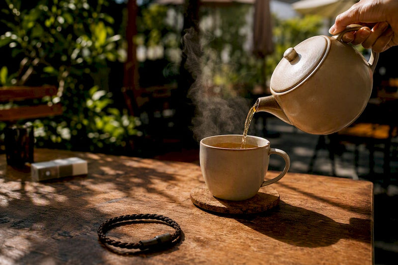 Coffee pouring with nicotine resistance necklace nearby