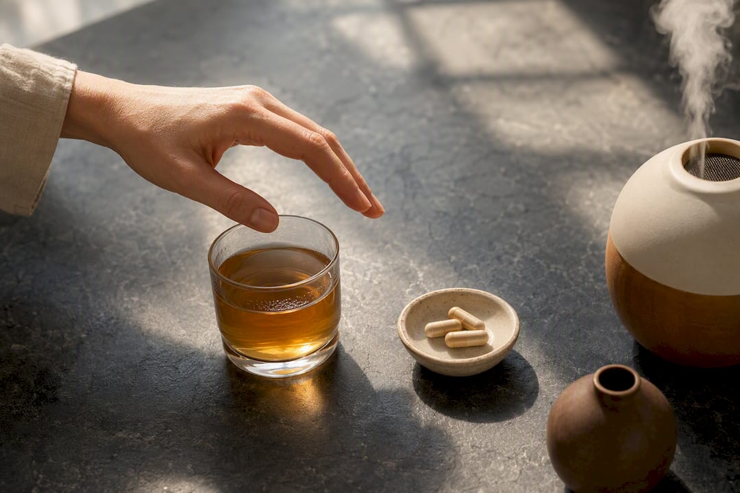Anonymous detox remedies arranged on counter