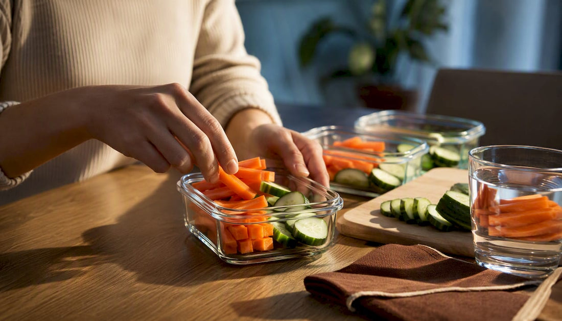 Hands portioning prepared vegetables into snack containers