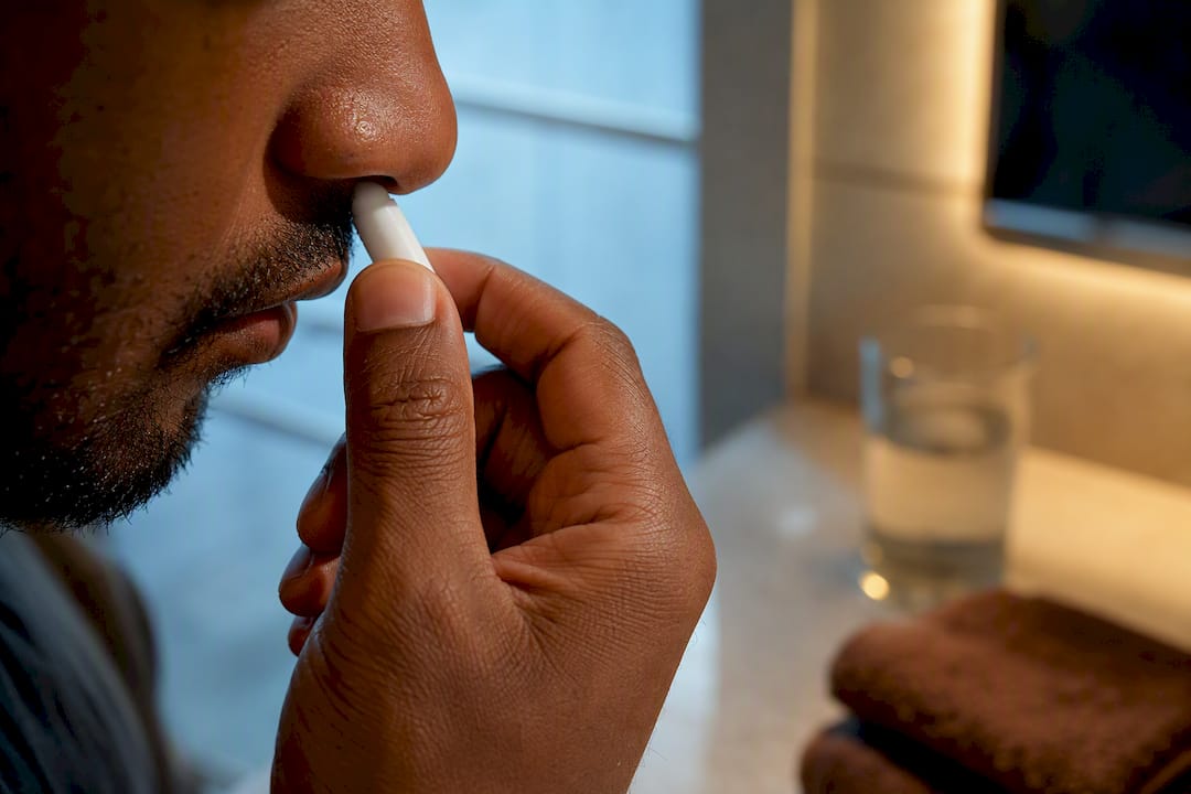 Person using an unbranded nasal inhaler