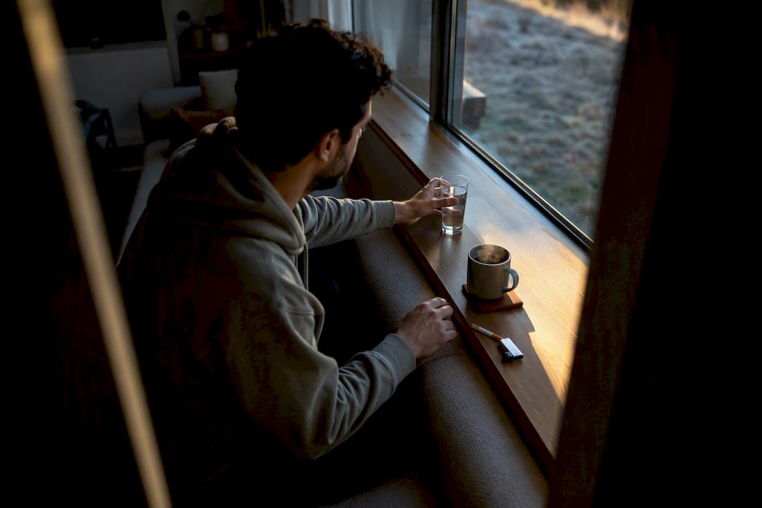 Person delaying a morning cigarette beside coffee