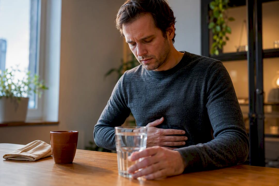 Person pausing with nausea and water