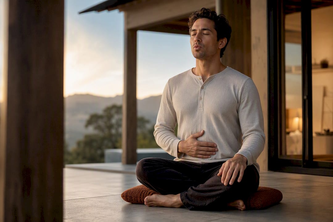 Adult practicing paced breathing on patio