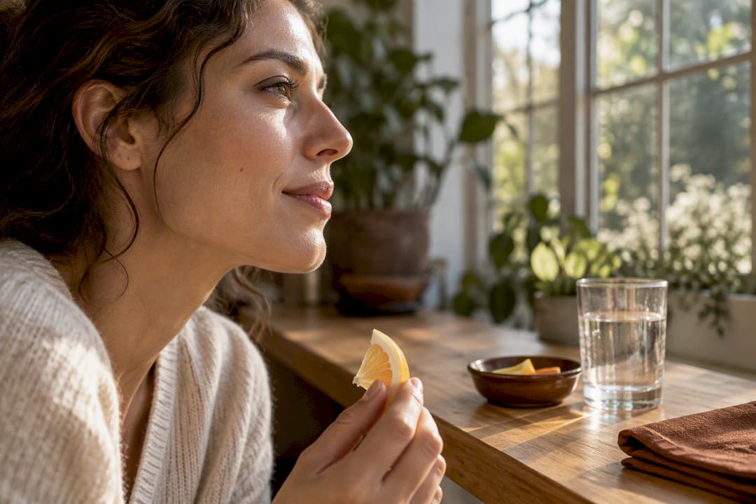 Adult tasting citrus in soft natural light
