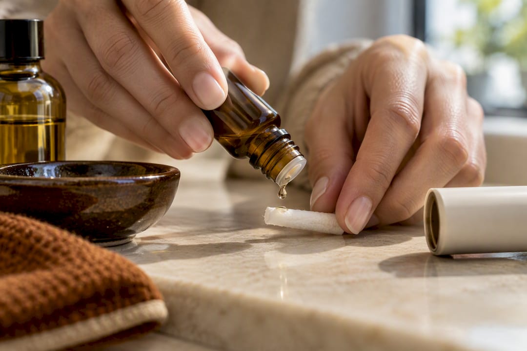 Hands applying oil to an aroma inhaler wick
