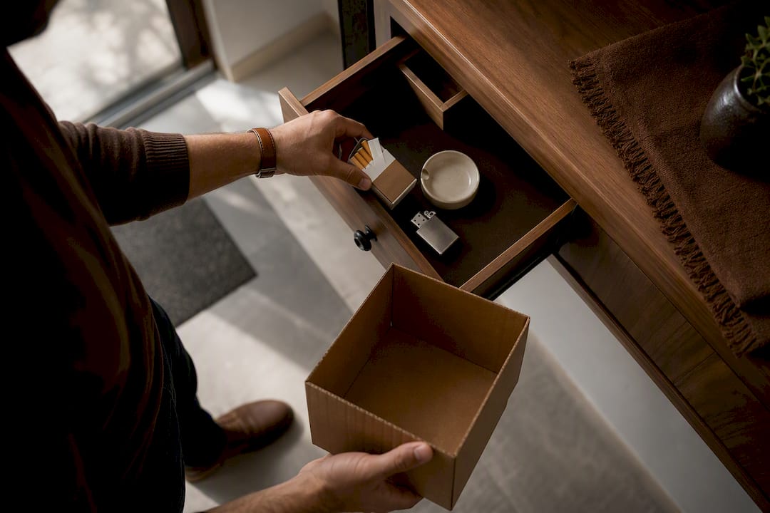 Hands removing smoking triggers from a drawer