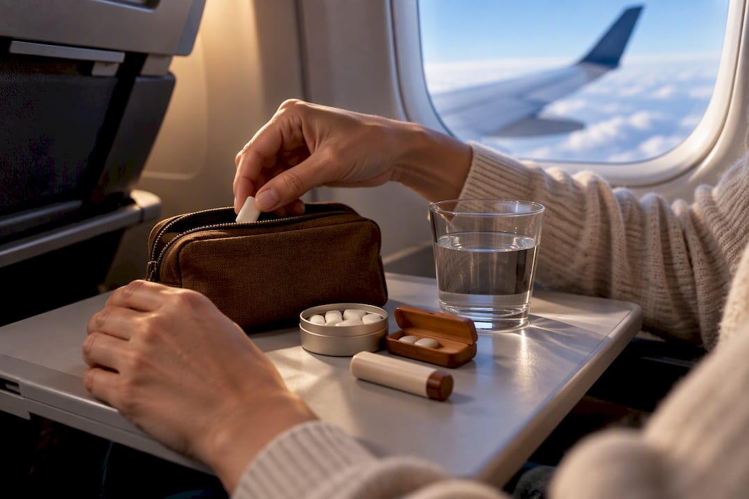 Travel coping kit on airplane tray