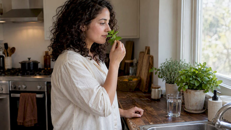 Woman sniffing fresh peppermint for craving relief