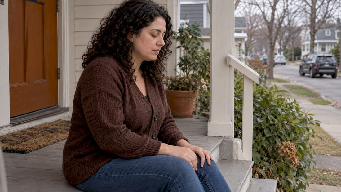 Woman practicing calm paced breathing on porch