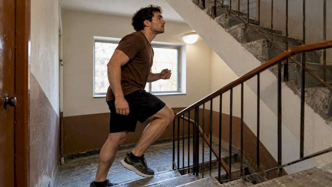 Adult climbing apartment stairs for exercise