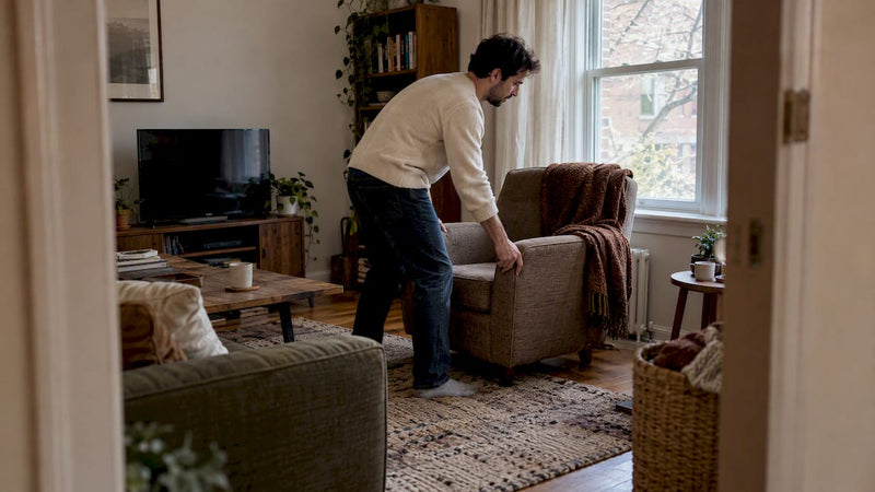 Adult moving an armchair in a living room