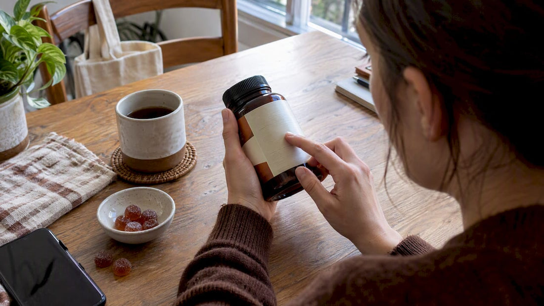 Hand checking a gummy supplement bottle label