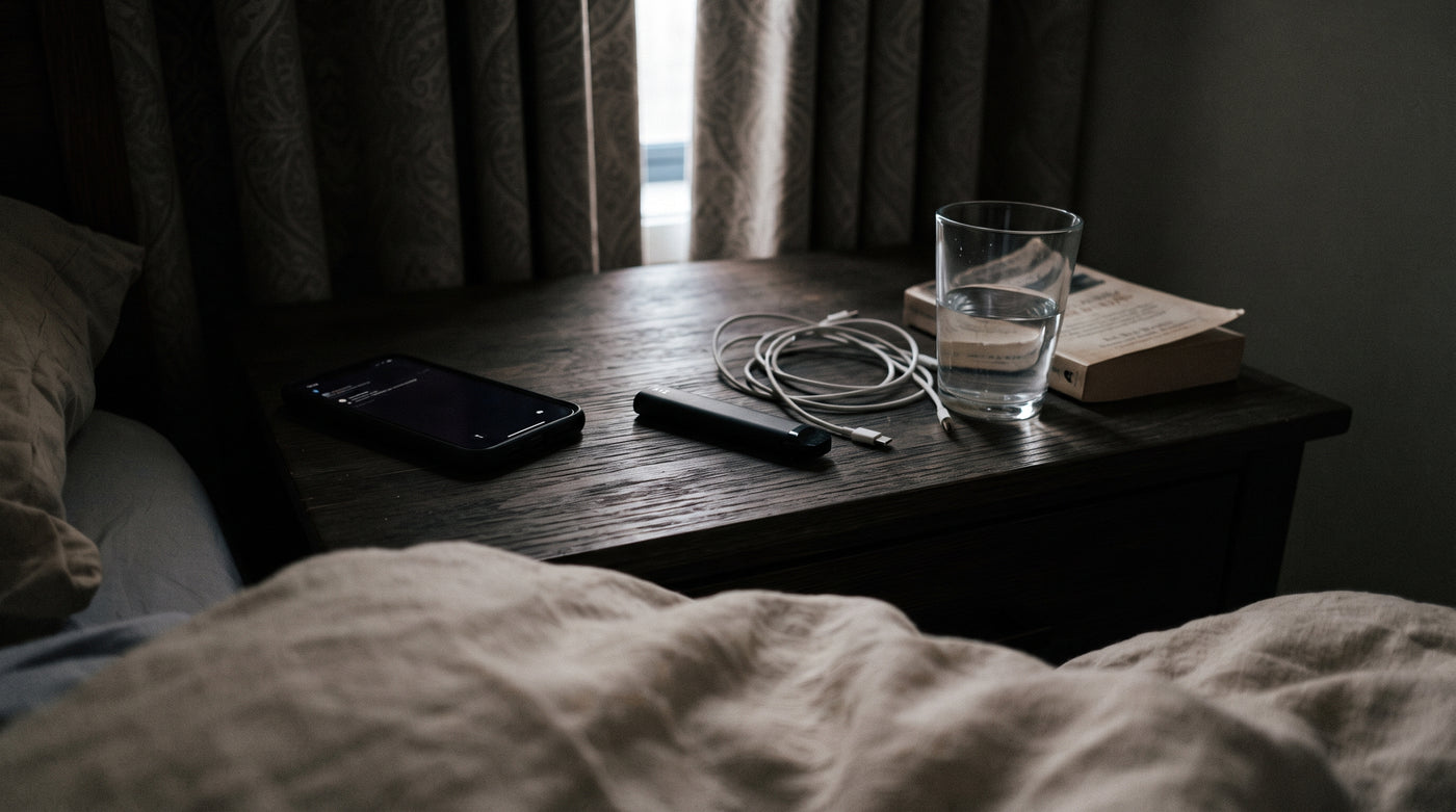 A dark bedside table at night with a spent disposable vape and a charging cable