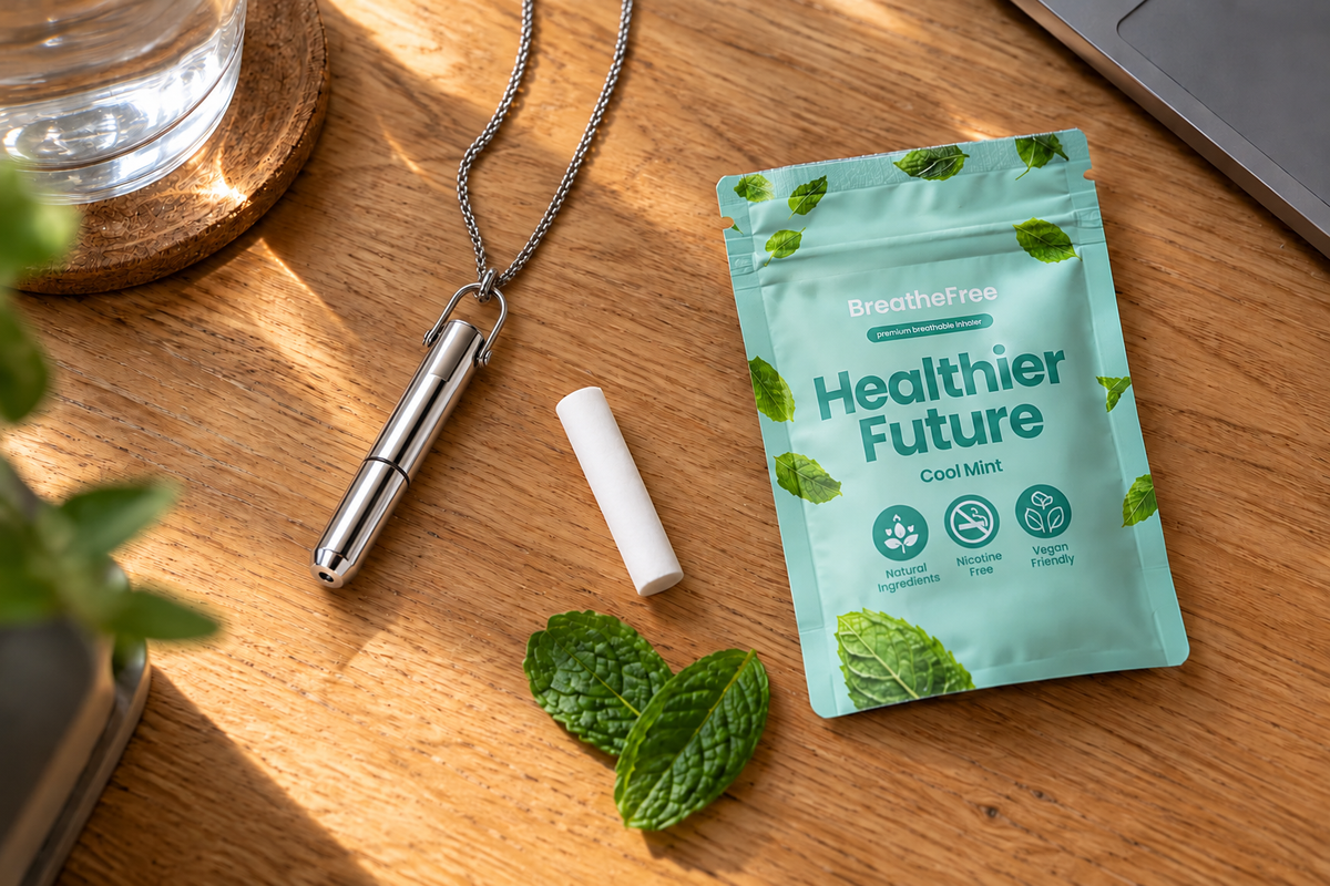 Flat lay of the BreatheFree pendant opened beside its flavour insert and a Cool Mint refill pouch