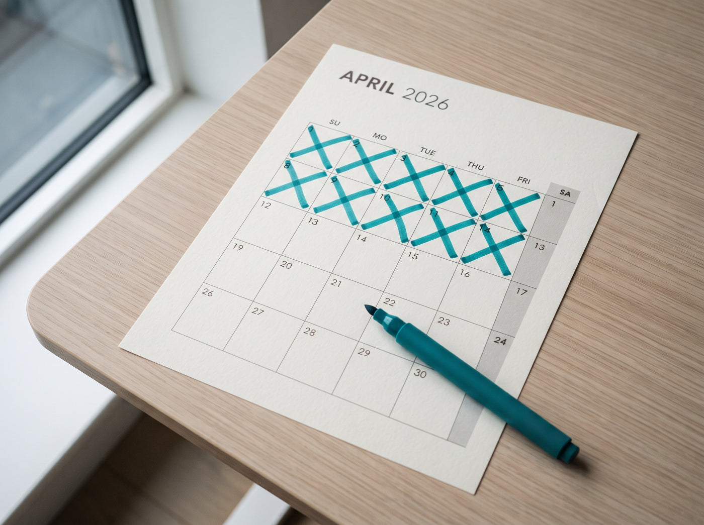 A calendar with the first two weeks crossed off — the highest-risk relapse window