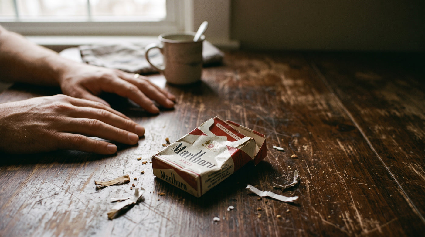 A hand raised to the lips in the shape of holding a cigarette, but empty — the unmet hand-to-mouth ritual