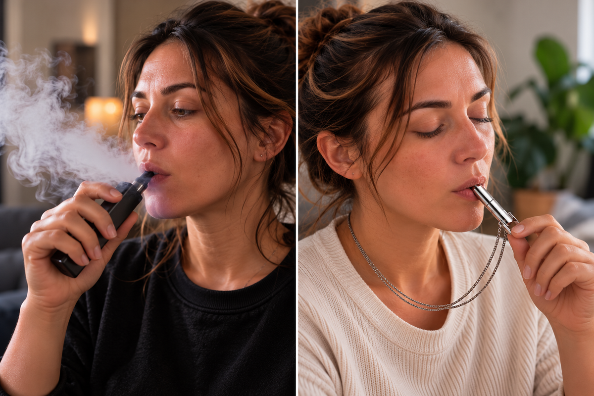 Side by side: a vape break compared with a calm, slow draw on the BreatheFree pendant