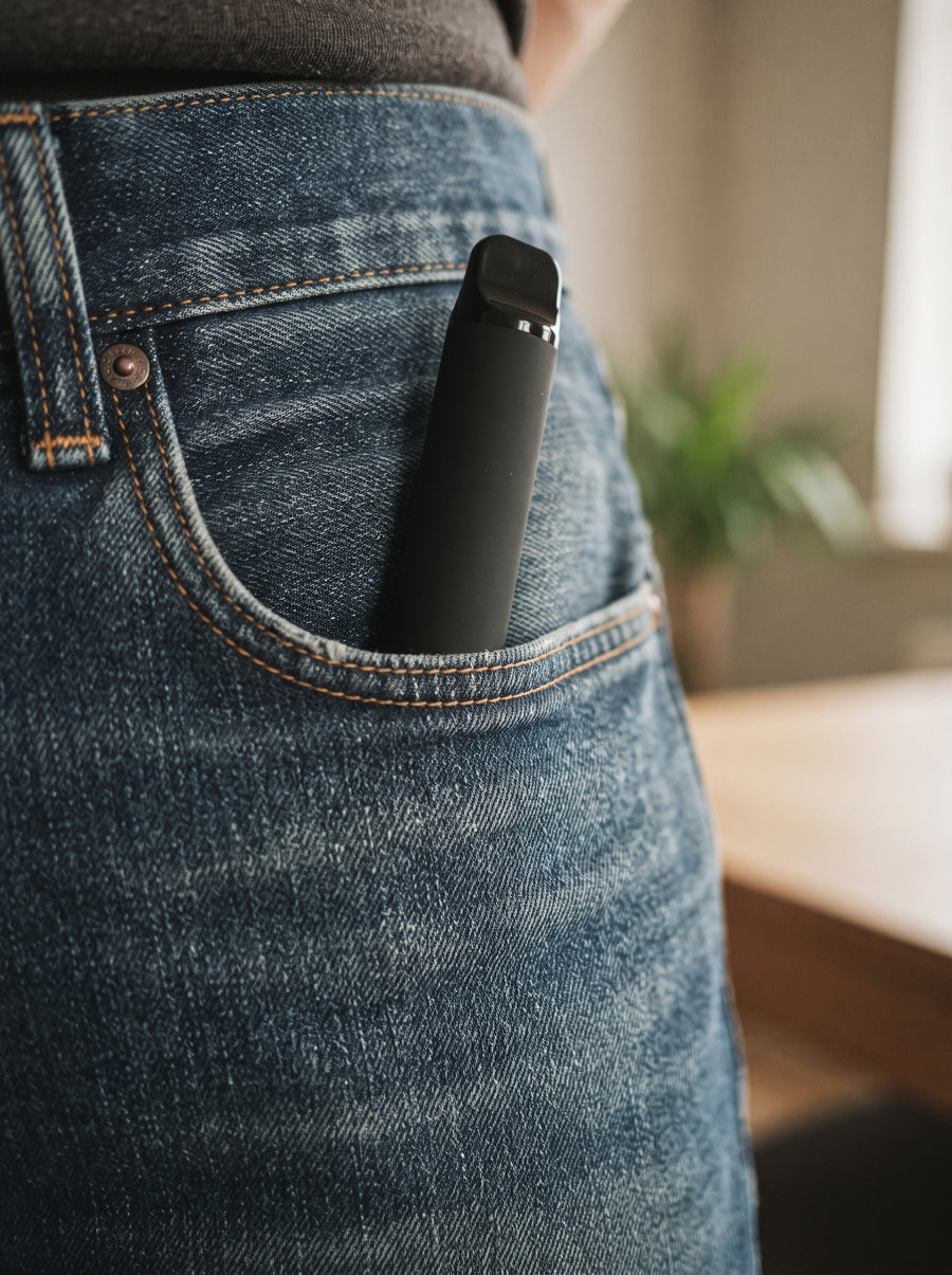A disposable vape sitting half out of a jeans pocket, ready at any moment