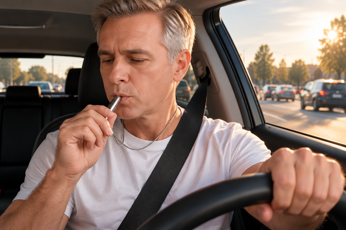 A driver on the way home at golden hour, taking a quick draw from the silver pendant